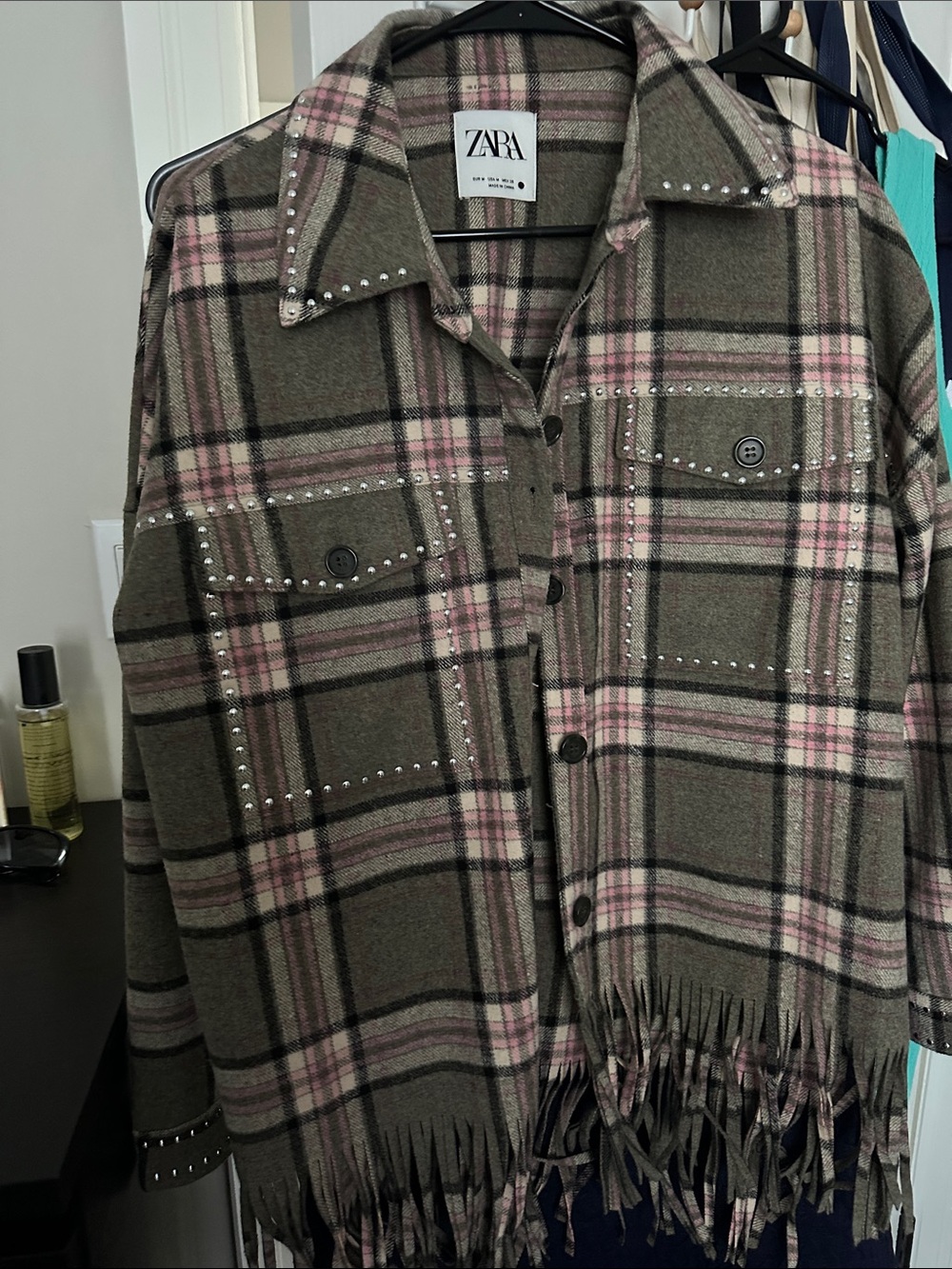 Zara Olive and Pink Plaid Studded Fringe Jacket